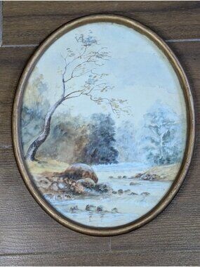 Antique Victorian Watercolour Landscape Oval Gilt Frame Tree River Both Art